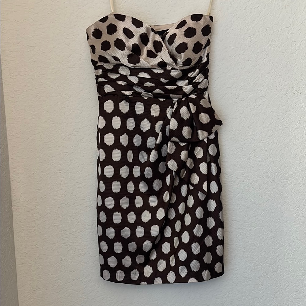 Max & Cleo Brown& Ivory Polka Dot Strapless Sheath Dress with bow detail size 8